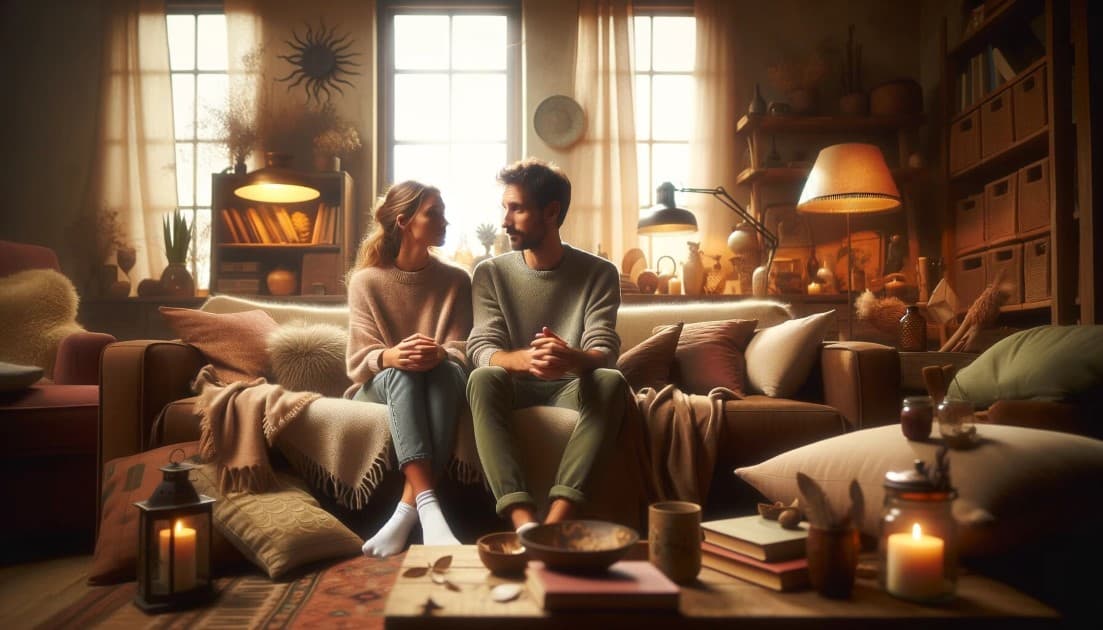 A couple sitting together on a cozy couch, engaged in a moment of understanding and empathy, highlighting genuine connection and communication.