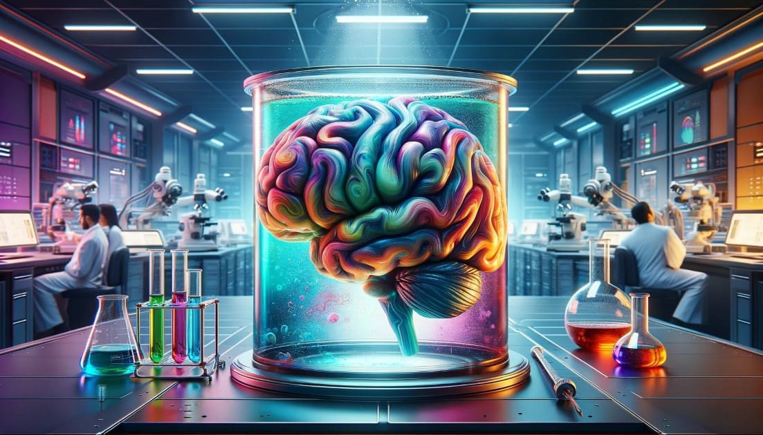 Complaining Is Bad For Your Brain. A human brain suspended in a transparent container filled with colorful, swirling liquid in a futuristic laboratory, representing the exploration of negativity's effects on the brain.
