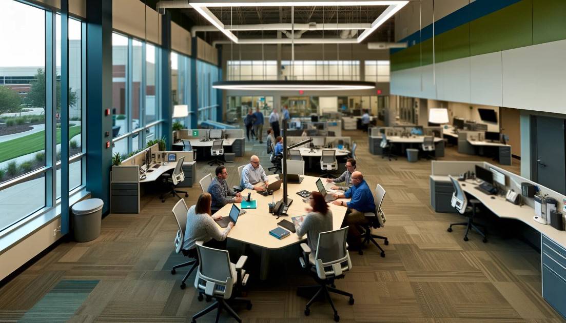 An office setting with a diverse group of employees engaged in collaborative work, reflecting teamwork and the transformation of workplace dynamics.