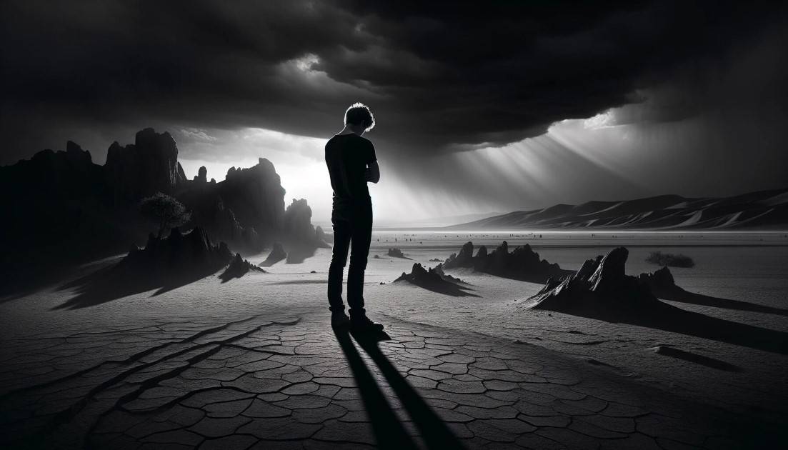 A person standing alone on a vast, barren landscape, surrounded by dark storm clouds, embodying the negative effects of complaining.