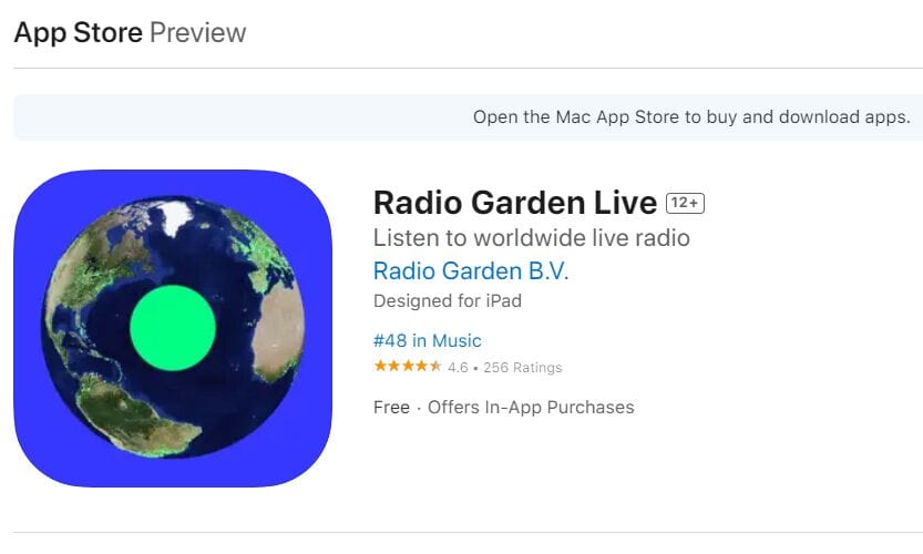 Radio Garden iOS App Store Profile Hero Shot Image