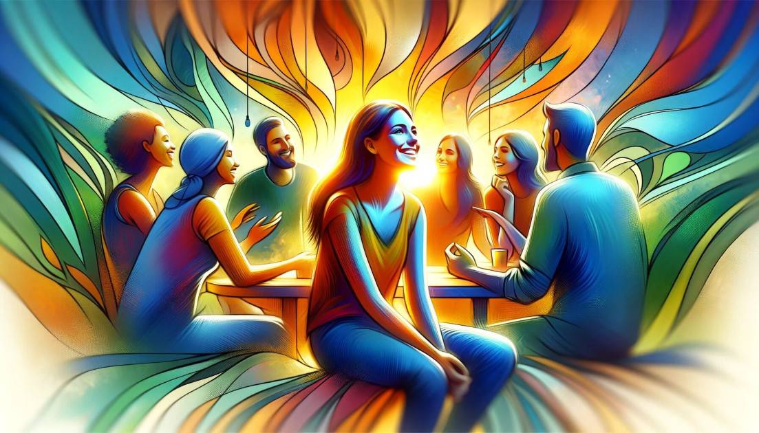 A vibrant, dynamic scene with a person surrounded by positive elements and engaging activities, symbolizing positivity and optimism.