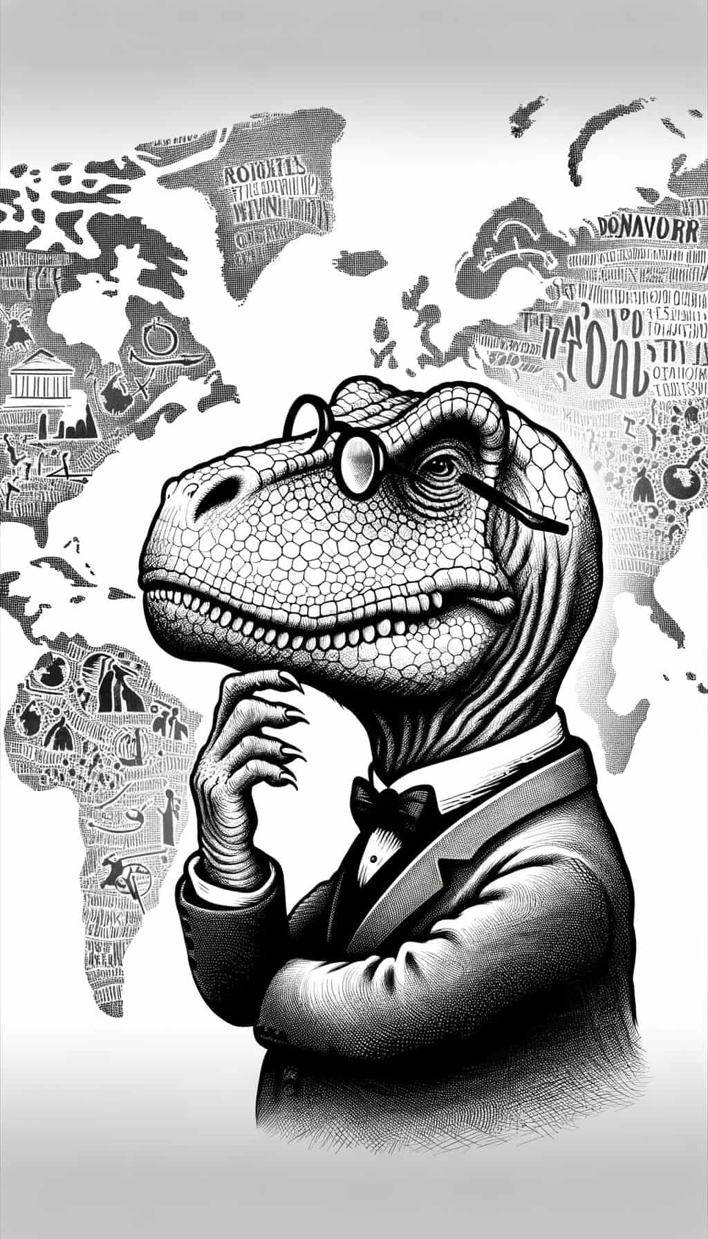 
A vertical black and white doodle depicting a distinguished dinosaur in a thoughtful pose